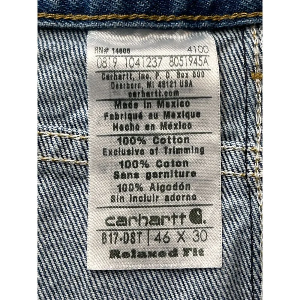 Carhartt Jeans Mens 46x30 B17 DST 100% Cotton Relaxed Fit Tapered Leg Denim Blue